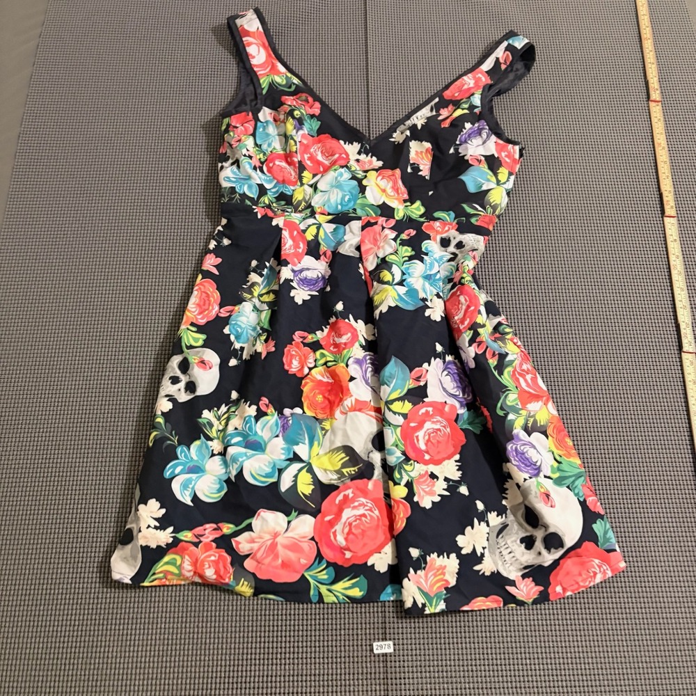 Iron Fist Womens Floral Skull Print V-Neck Fit and Flare Dress Blue Size L